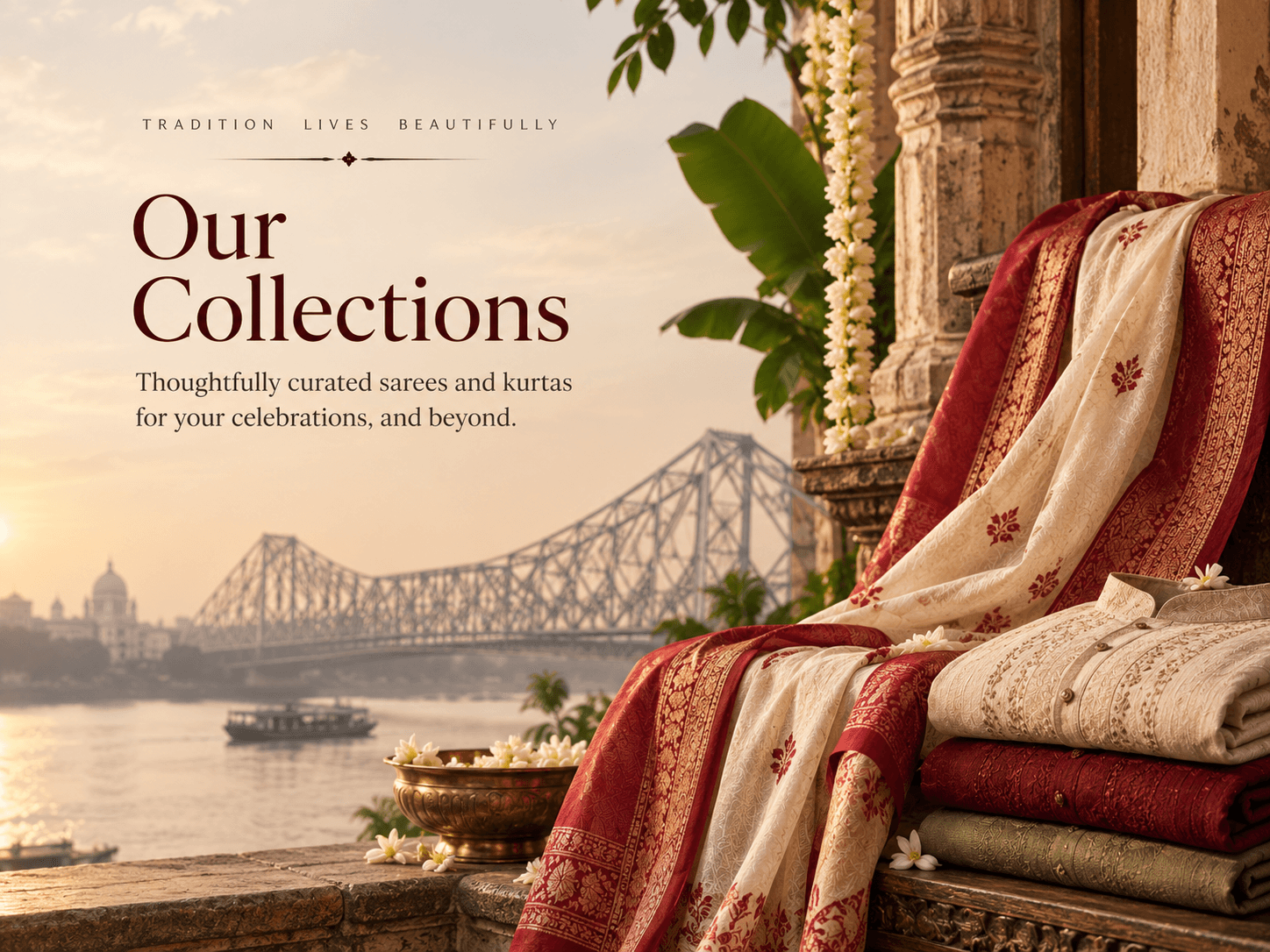 Our Collections — sarees and kurtas draped by the Howrah Bridge at sunset