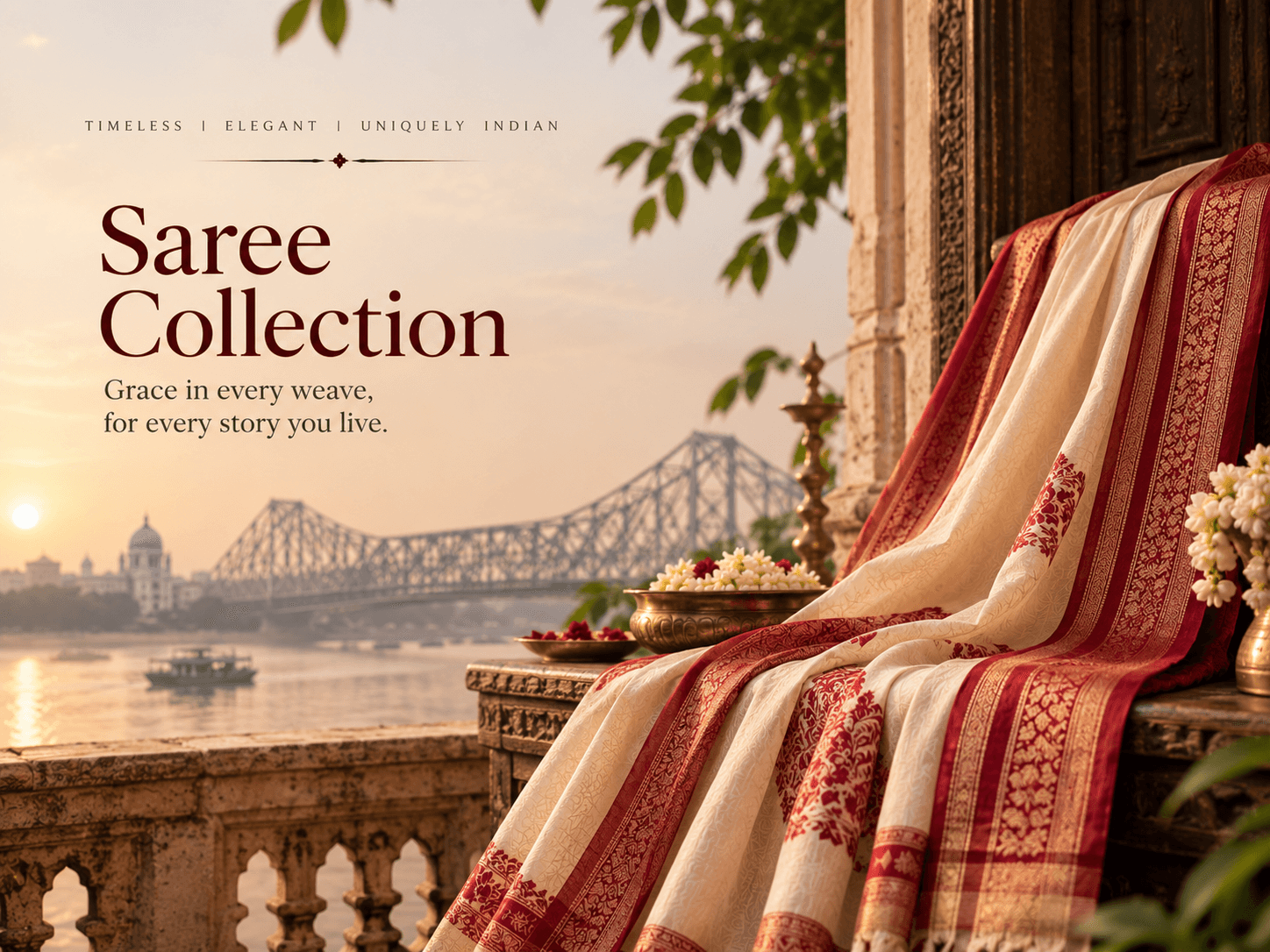 Saree Collection — a Banarasi saree draped by the Howrah Bridge at sunset