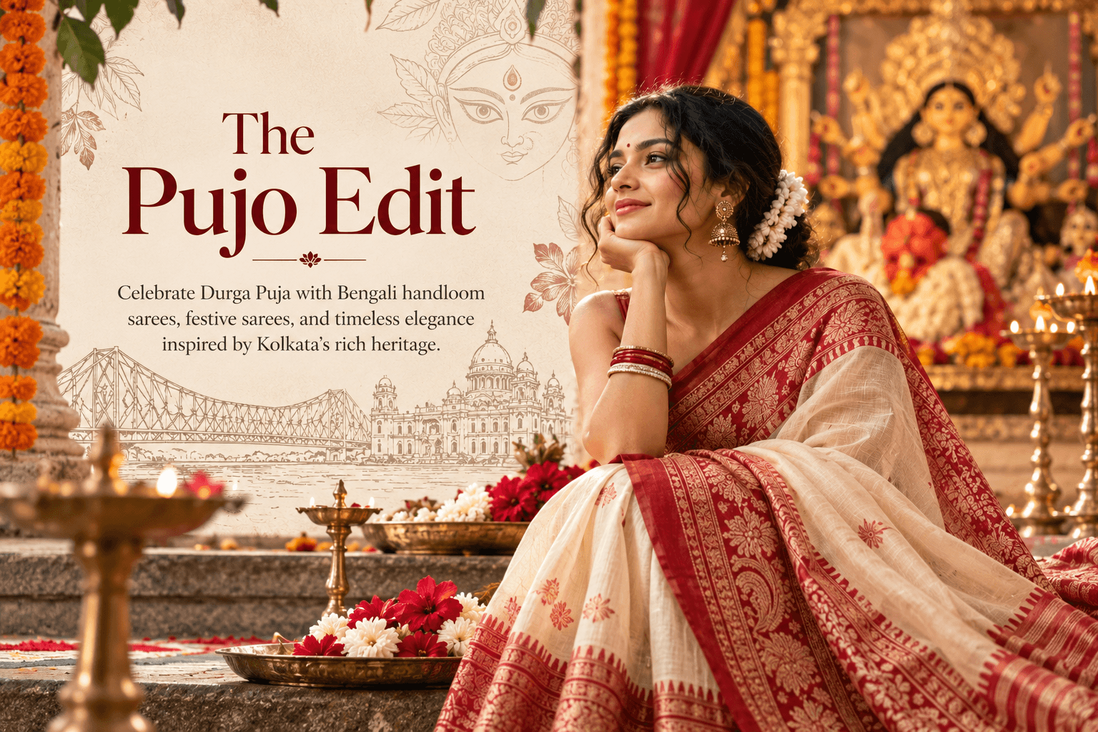 Traditional Bengali festive saree in elegant handloom-inspired styling for Durga Puja – Chaitikaa The Pujo Edit