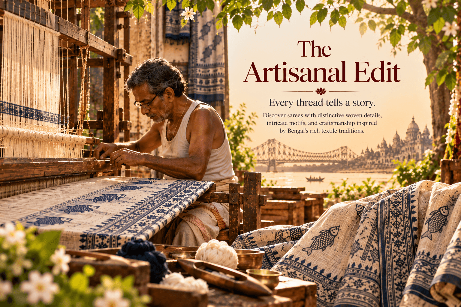 Saree with intricate woven motifs and a detailed traditional border inspired by Bengal’s textile artistry – Chaitikaa The Artisanal Edit