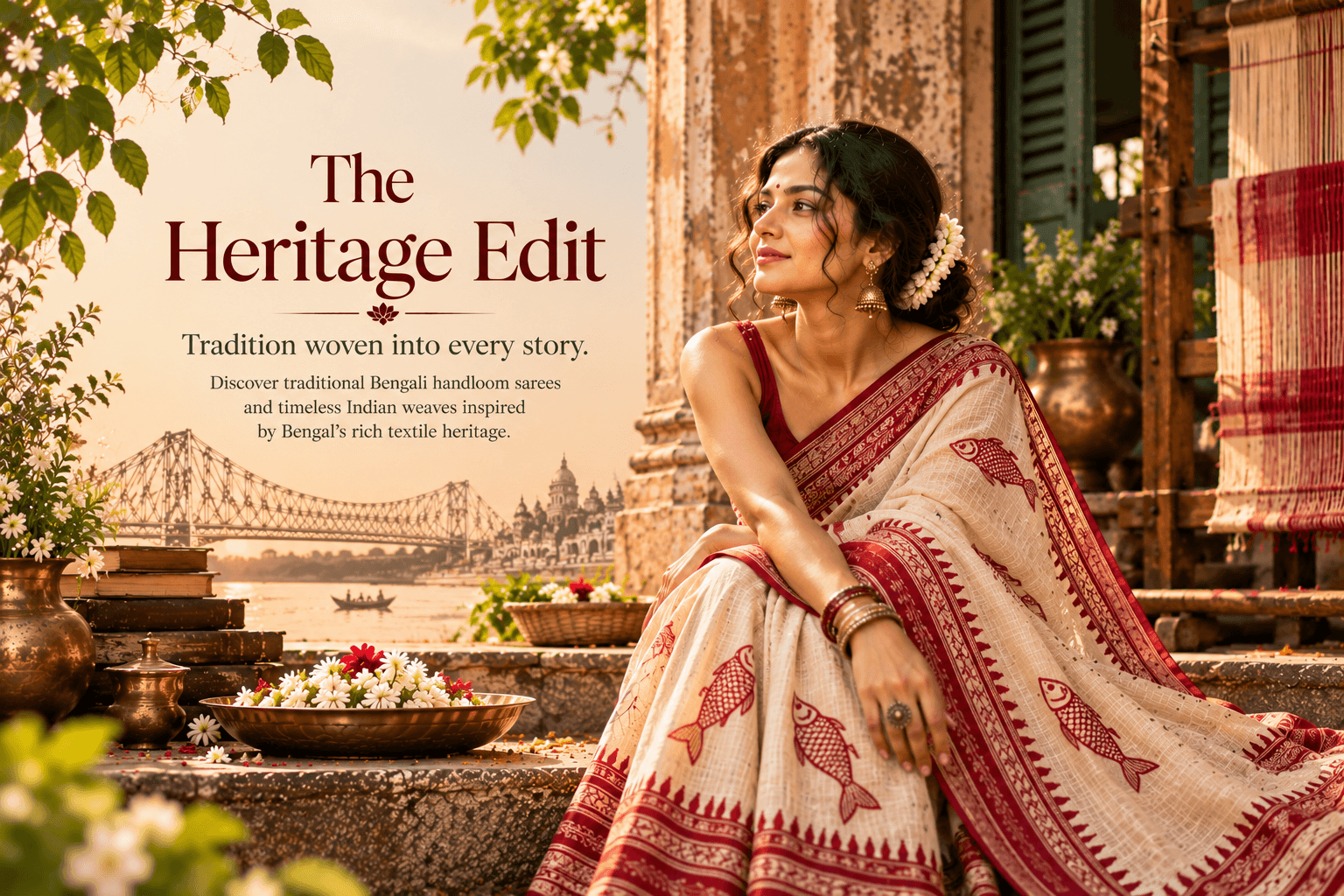 Traditional Bengali handloom saree with an intricate woven border inspired by Bengal’s textile heritage – Chaitikaa The Heritage Edit