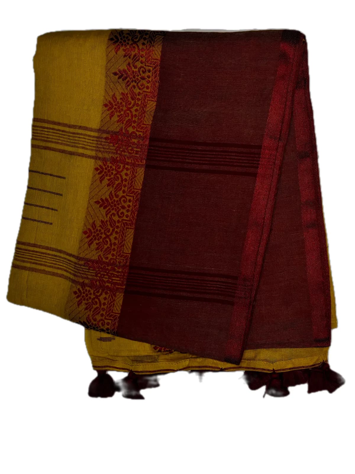 Manjari earthy yellow handloom cotton saree with terracotta-maroon floral border