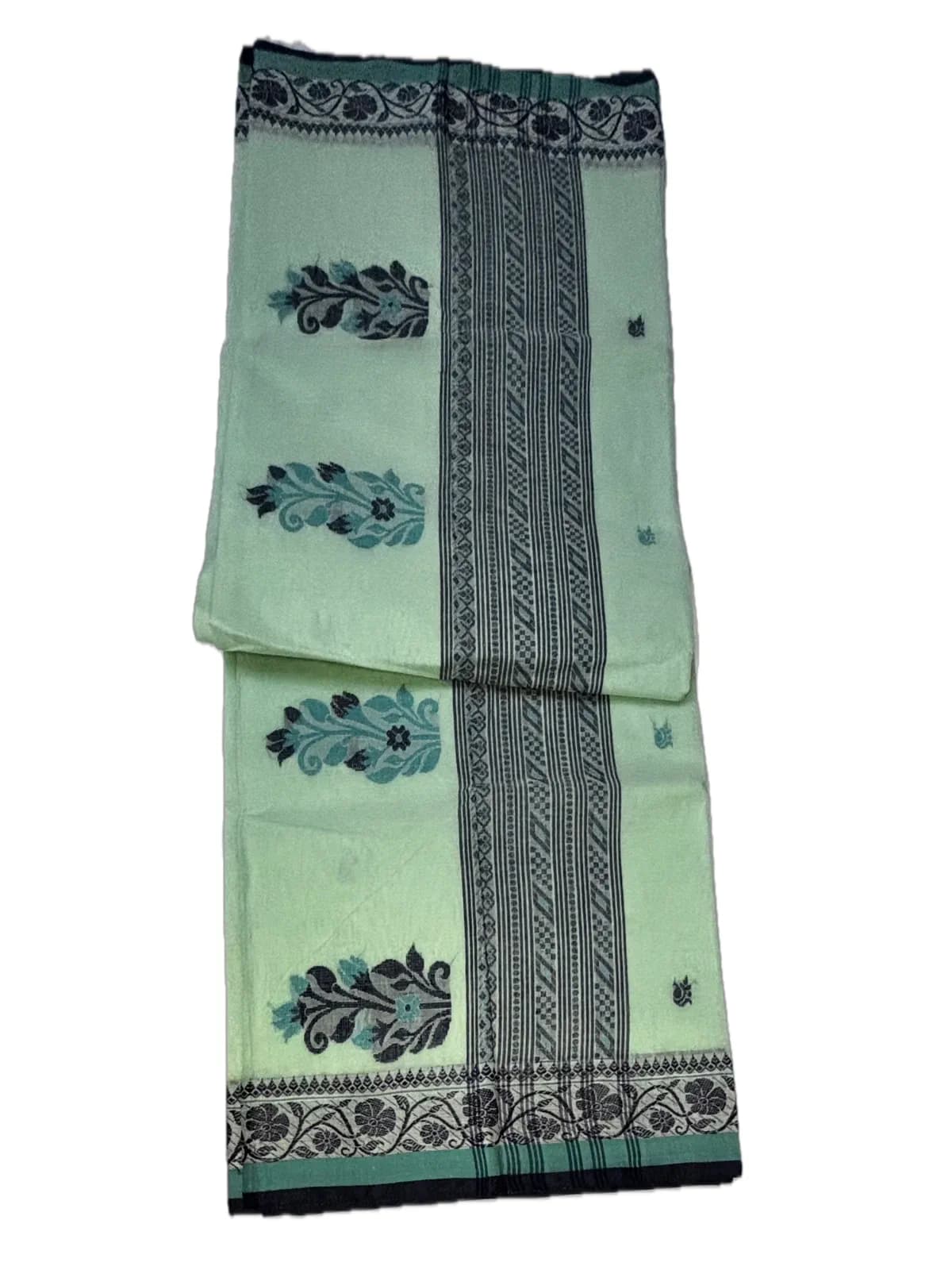 Pankhudi mint-green handloom saree displaying its floral motifs and traditional patterned border