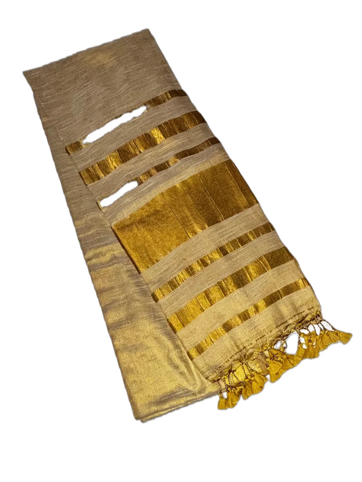 Espresso golden-brown linen blend saree with taupe stripes and gold tassels